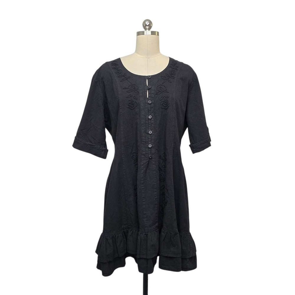 Scully Black Peruvian Cotton Embroidered Lace Up Ruffle Hem Dress Womens Size XL